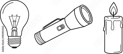 Essential light sources collection featuring a classic light bulb a practical flashlight and a burning candle depicted as minimalist outline vector icons for energy and emergency concepts