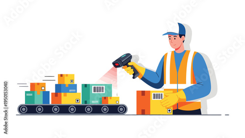 Delivery man scanning barcode boxes: Illustration of a delivery man with a scanner and conveyor belt with stacked boxes, symbolizing e-commerce, logistics, and supply chain.