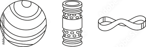 Set of abstract geometric shapes featuring a striped sphere a textured cylinder and an infinity symbol rendered in a minimalist line art style perfect for educational or conceptual design projects