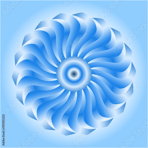 Radiating blue blades spiral outward from a glowing center, forming a hypnotic turbine flower of motion, balance, depth, cool energy, rhythm.