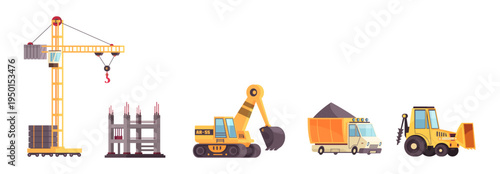 Construction Machinery Vector Set – Crane Excavator Bulldozer Truck Industrial Equipment Illustration