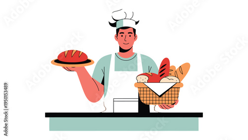 Baker with Freshly Baked Bread: A cheerful baker proudly presents an array of freshly baked breads, embodying the art of baking and the aroma of a cozy bakery.