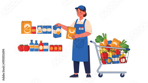 Grocery store employee: A grocery store worker, in uniform, carefully stocks shelves with food products, complemented by a shopping cart overflowing with fresh groceries.