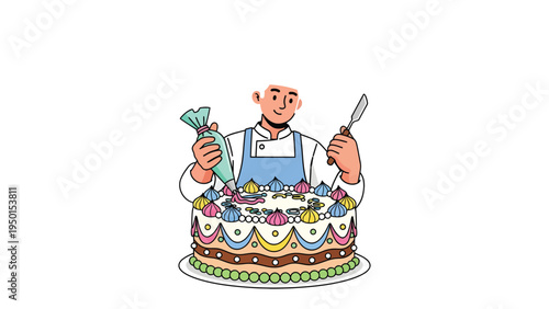 Cake Creation: A skilled baker adds the finishing touches to a multi-layered cake, expertly decorating with frosting and flair.