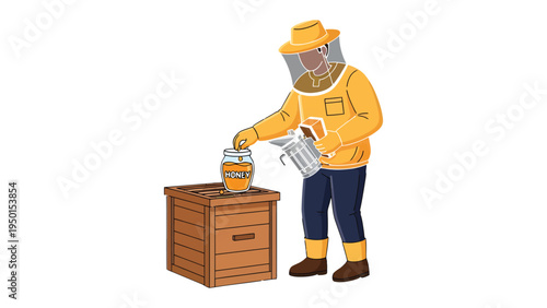Beehive and Beekeeper: A diligent beekeeper, fully protected in specialized attire, carefully tends to the beehive, handling equipment and managing honey