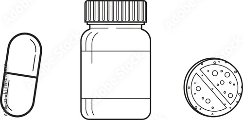 Outline vector icons of a medicine bottle capsule and tablet featuring a minimalist design for healthcare pharmacy and medical treatment applications