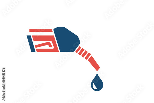 A red and blue fuel pump nozzle has a single blue liquid drop dripping from its tip