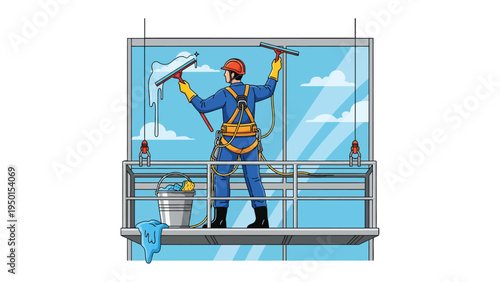 High-Rise Window Washer: A skilled window washer suspended from a high-rise building, meticulously cleans a glass pane with a squeegee and bucket, showcasing dedication and a high-altitude profession.