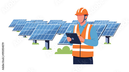 Engineer Inspecting Solar Panel: An engineer wearing a safety vest and helmet inspects solar panels. The scene captures the essence of renewable energy