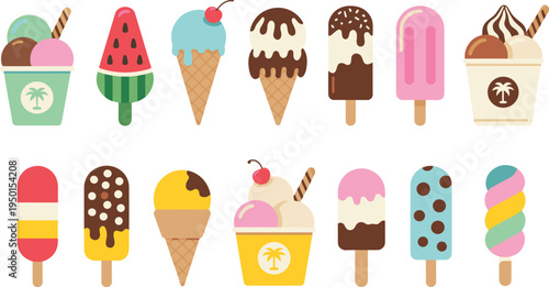 Colorful ice cream vector illustration set featuring cones, popsicles, cups, bars with sprinkles, cherries, chocolate drizzle, wafer sticks for dessert design projects