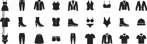 Fashion clothing silhouette vector illustration set featuring dresses, pants, jackets, shoes, accessories, minimalistic icons for apparel, wardrobe, and design projects