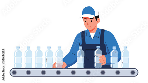 Bottled Water Production: A worker carefully monitors the flow of clear, refreshing water bottles along a production line in a modern manufacturing setting.