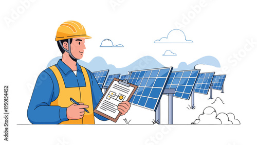 Solar Panel Inspection: An engineer meticulously inspects a row of solar panels, holding a clipboard and pen while ensuring optimal performance and efficiency, a testament to renewable energy