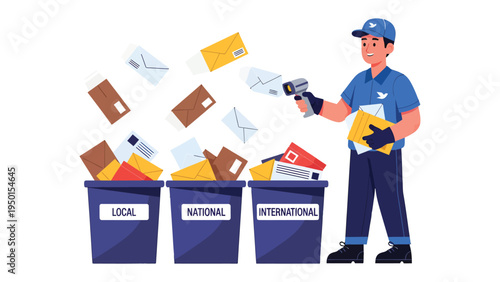 Postal Sorting System: A mail carrier efficiently sorts parcels and letters into local, national, and international bins, managing the distribution process.