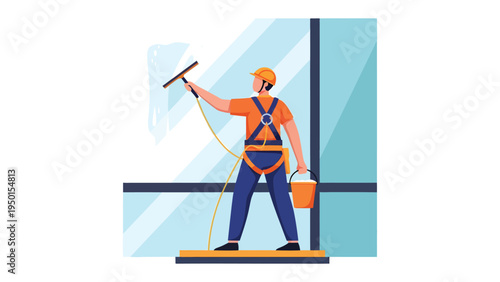 Window Cleaner in Action: A dedicated window cleaner, suspended by a safety harness, meticulously cleans a tall building's glass facade, showcasing precision and professionalism.