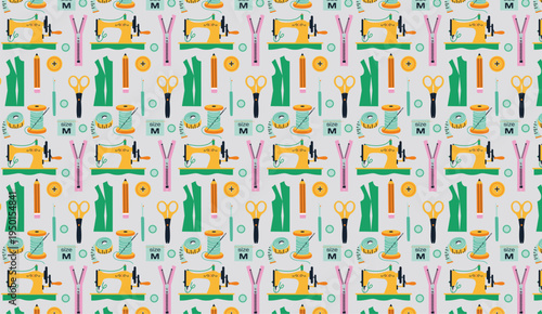 Seamless Pattern with Hand Drawn Sewing Tools and Tailoring Accessories