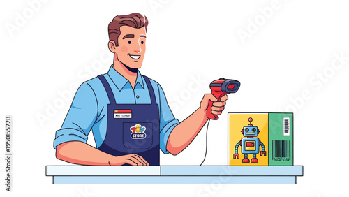 Barcode Scanning in Toy Store: A smiling clerk scans a toy box, a testament to efficiency in a retail setting, highlighting the convenience of modern technology.