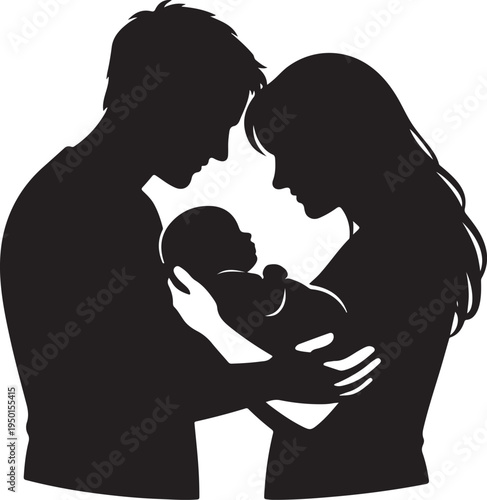 Parents holding newborn baby silhouette in loving embrace isolated on white background