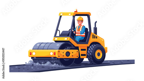 Road Construction Roller: A construction worker skillfully operates a heavy roller machine on a freshly paved road, symbolizing progress and infrastructure development.