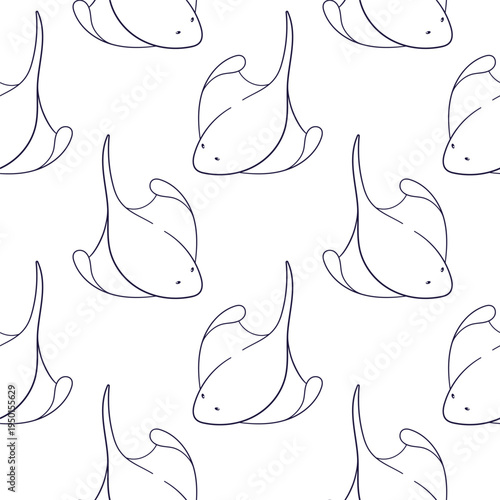 Seamless pattern of stingray fish in line art style. For undersea textile, wallpaper, packaging, postcard or cover.