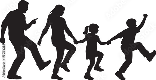 Happy family silhouette of parents and children holding hands and dancing together on white background