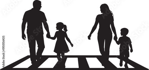 Family Silhouette Walking on a Crossroad Symbolizing Safety and Togetherness
