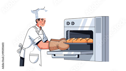 Artisan's Oven: A culinary professional, adorned in classic chef attire, tending to a fresh loaf of bread, emanating the warmth of an artisan bakery.