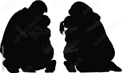 Silhouettes of parents hugging their children in a heartfelt conceptual moment of family love and protection