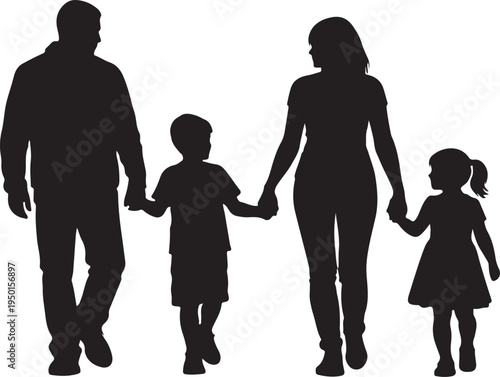 Silhouette of a happy family with two children walking together and holding hands on a white background
