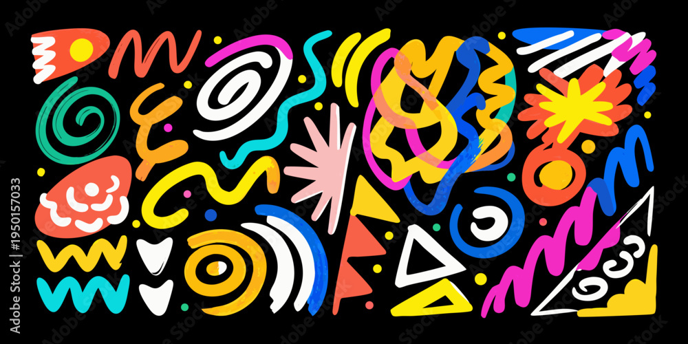 Fototapeta premium Colorful abstract doodles and shapes on a stark black background