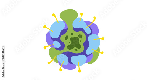 Abstract illustration of a complex molecular structure resembling a virus or protein with multiple colored subunits and protruding elements.