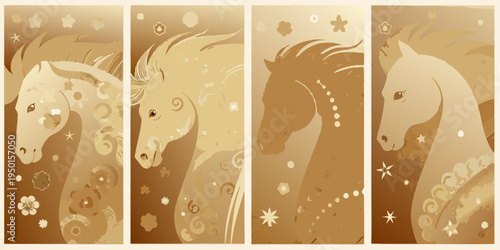 Four golden horses depicted in a decorative stylized panel arrangement