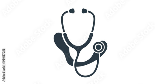 A minimalist, dark gray silhouette of a stethoscope, a medical instrument used for listening to internal body sounds, presented against a plain white background.
