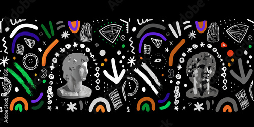 Abstract composition featuring classical busts and colorful geometric shapes