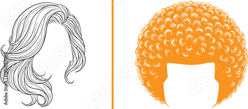 Modern vector art featuring a short textured pixie cut with choppy layers and a vibrant yellow-green afro hairstyle. Perfect for hair salon branding and diverse fashion illustrations.