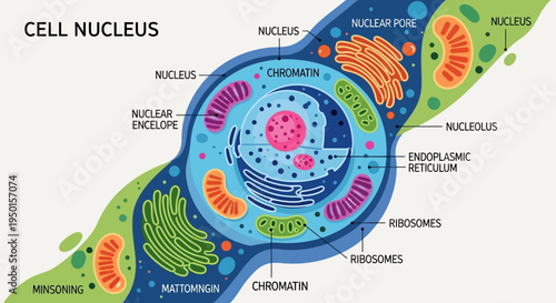 Detailed diagram illustrating the structure and components of a eukaryotic cell nucleus and its surrounding organelles.