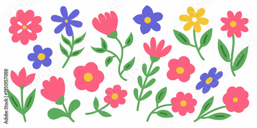 Collection of colorful stylized flowers with green stems on a white background