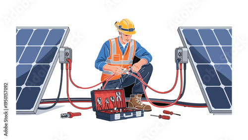 Renewable Energy Technician at Work: An electrician meticulously works on solar panels, demonstrating expertise in renewable energy technology and a commitment to environmental sustainability.