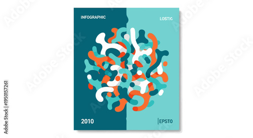 Abstract organic shapes in teal, dark teal, orange, and white form a circular pattern on a split background.