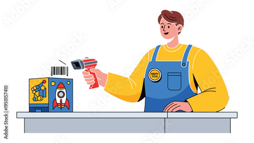 Bar Code Scanner: Illustration of worker using a bar code scanner on a product box, highlighting automated inventory and transaction processes