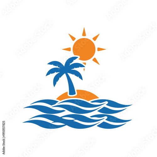 Tropical Island Paradise with Palm Tree, Sun, and Ocean Waves - Illustration