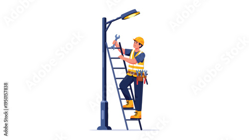 The Electrician at Work: An electrician, donned in protective gear, meticulously ascends a ladder to service a streetlamp, signifying diligence and professionalism.