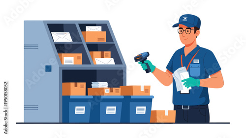 Mail Sorting: A diligent postal worker meticulously scans packages in a bustling mailroom setting, ensuring efficient delivery and organization of parcels, packages, and envelopes.