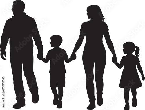Silhouette of a happy family of four walking together and holding hands on a white background