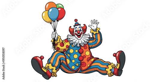 A cartoon clown sitting on the ground holding colorful balloons with a playful and cheerful mood against a clean white background.