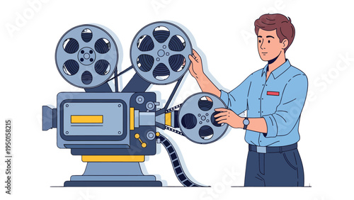 Retro Film Camera in Action: A filmmaker diligently prepares a vintage film camera for an upcoming shoot, his focused expression reflecting a passion for the art of cinema.