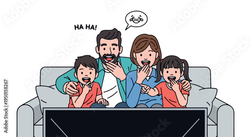 Illustration of a family laughing and eating popcorn while watching TV together on a couch with a solid color background.