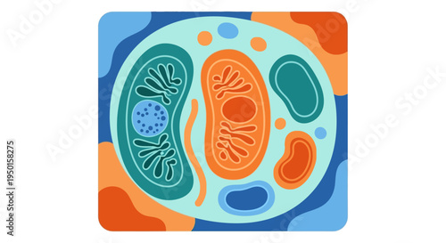 Stylized illustration of a biological cell with mitochondria and other organelles in a vibrant, abstract setting.