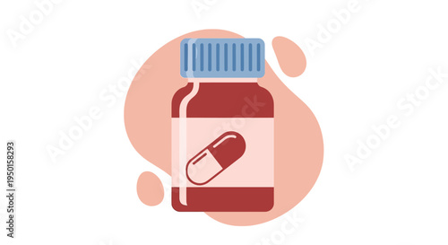 Illustration of a red medicine bottle with a blue cap and a capsule icon on the label, set against an abstract background.