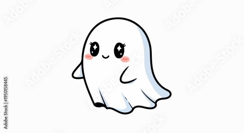 A cute cartoon ghost with rosy cheeks and a smile against a plain white background in a digital illustration.